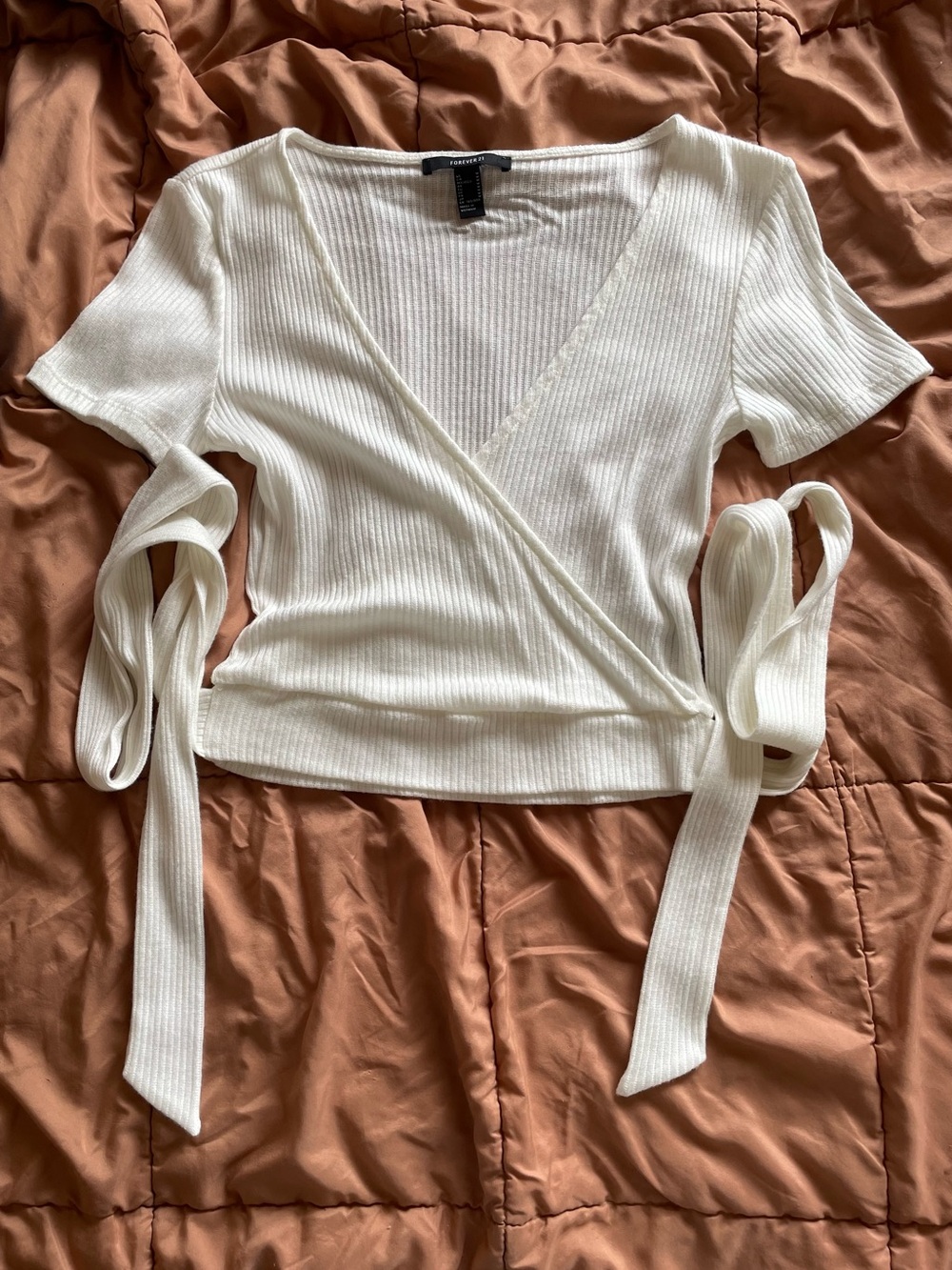 Forever 21 White Ribbed Wrap Tie Crop Top